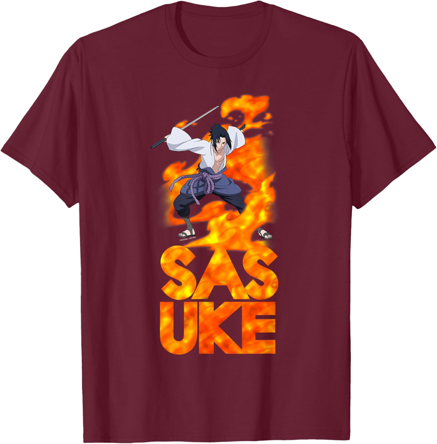 Naruto Shippuden Sasuke Stacked Flame Type Anime T-Shirt - T-Shirt | Maroon