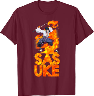 Naruto Shippuden Sasuke Stacked Flame Type Anime T-Shirt - T-Shirt | Maroon