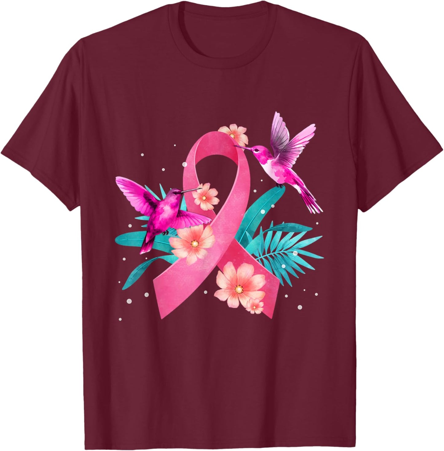 Hummingbird Breast Cancer Awareness Pink Ribbon Flowers T-Shirt - T-Shirt | Maroon
