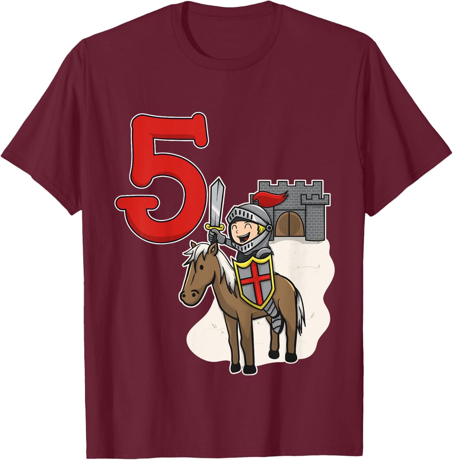 Knight 5th Birthday - Castle and Number 5 T-Shirt - T-Shirt | Maroon