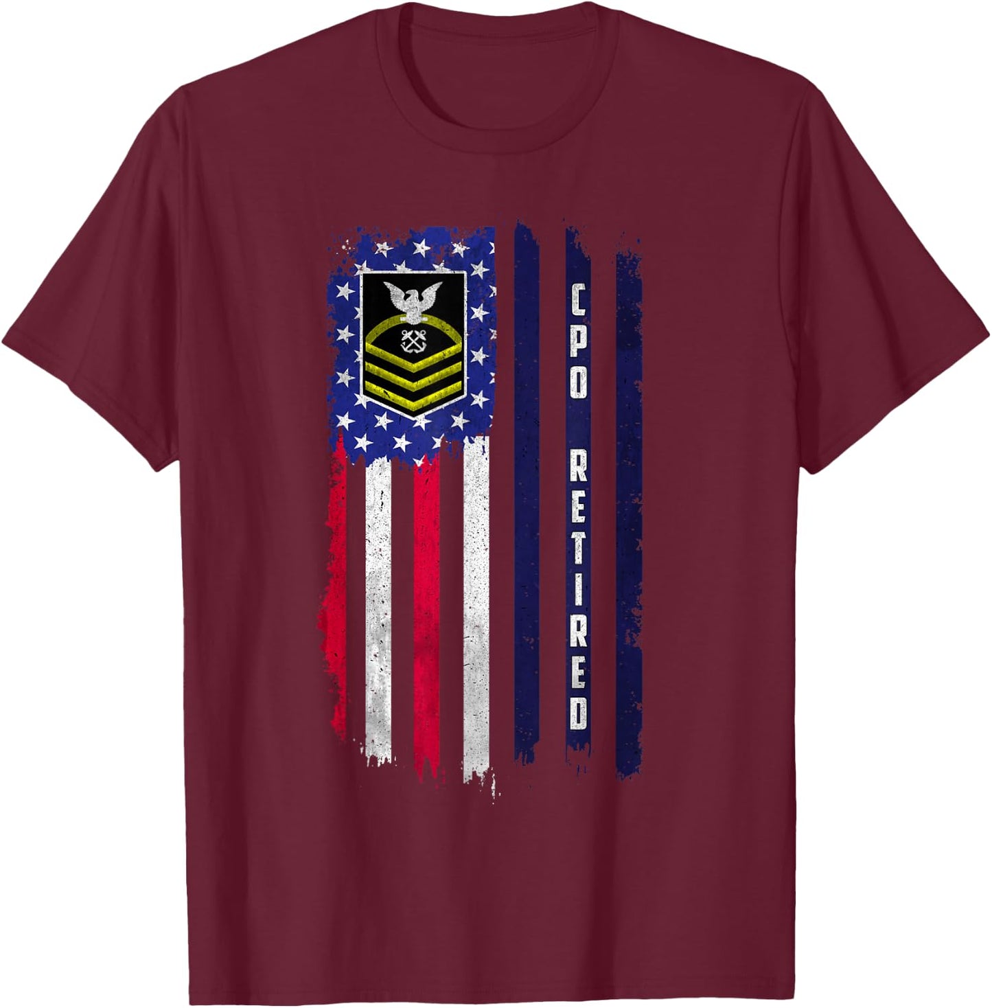 Retired E-7 Chief Petty Officer CPO Rank American Flag Papa T-Shirt - T-Shirt | Maroon