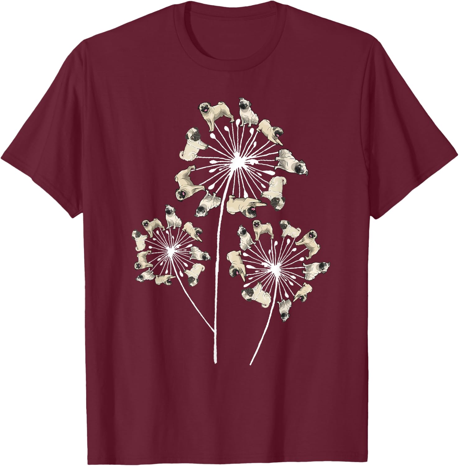 Funny Pug Gift Women Cool Flower Dog Dandelion Lover T-Shirt - T-Shirt | Maroon