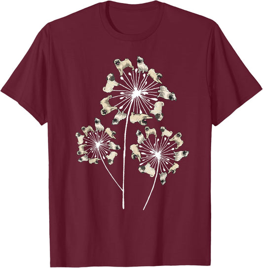 Funny Pug Gift Women Cool Flower Dog Dandelion Lover T-Shirt - T-Shirt | Maroon