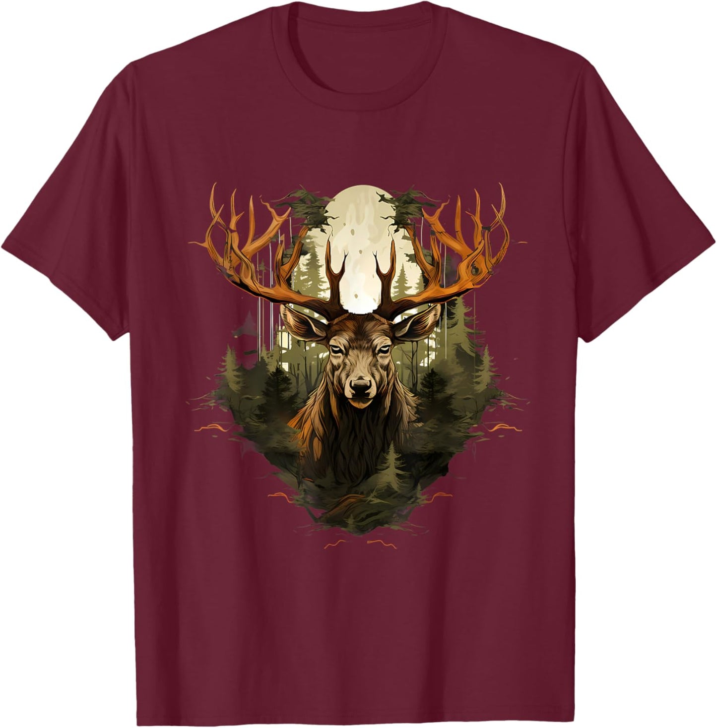 Deer Wildlife Nature Motif Animal Lovers Landscape Forest T-Shirt - T-Shirt | Maroon