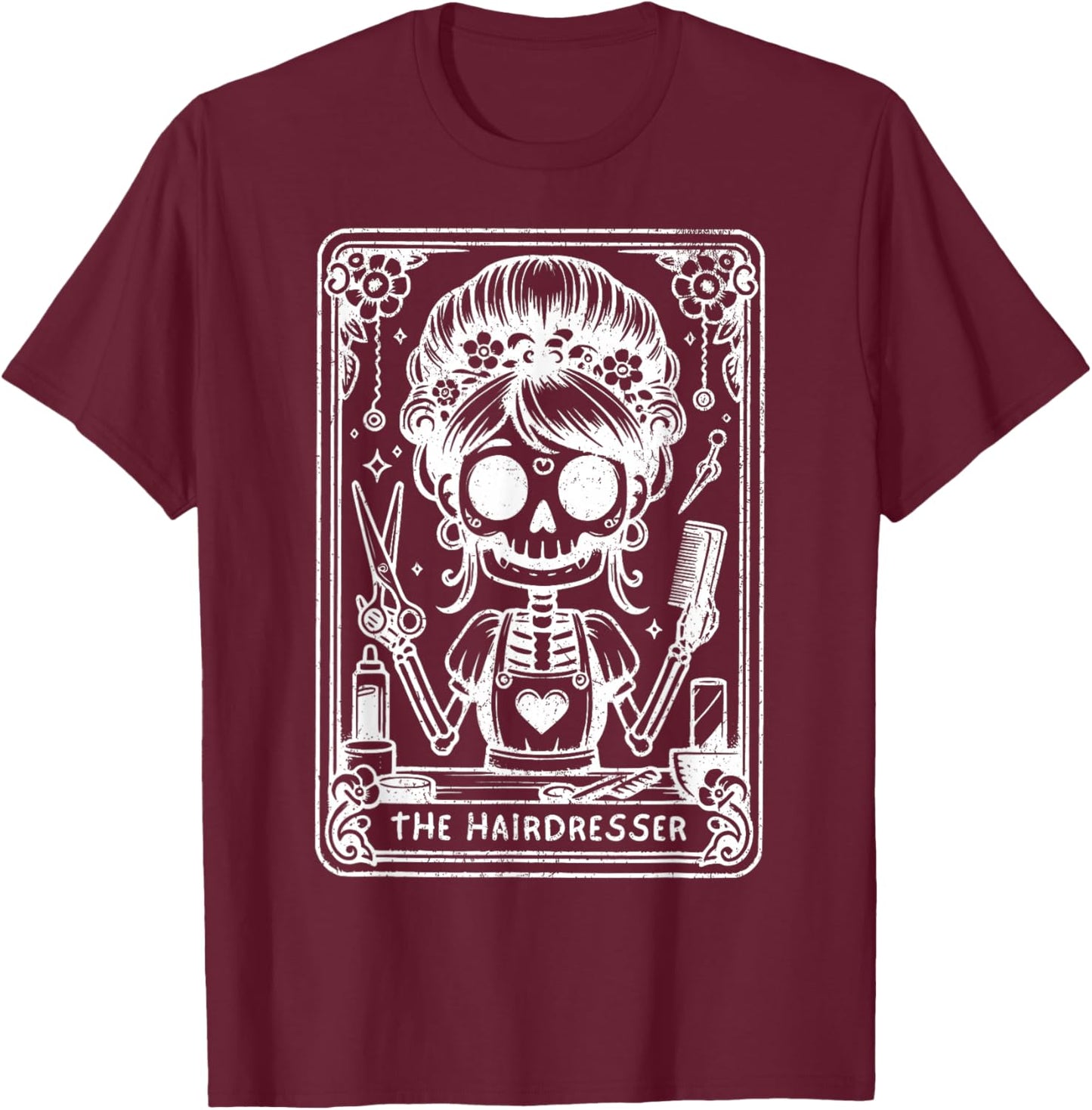 The Hairstylist Tarot Card Hairdresser Skeleton Hair Stylist T-Shirt - T-Shirt | Maroon