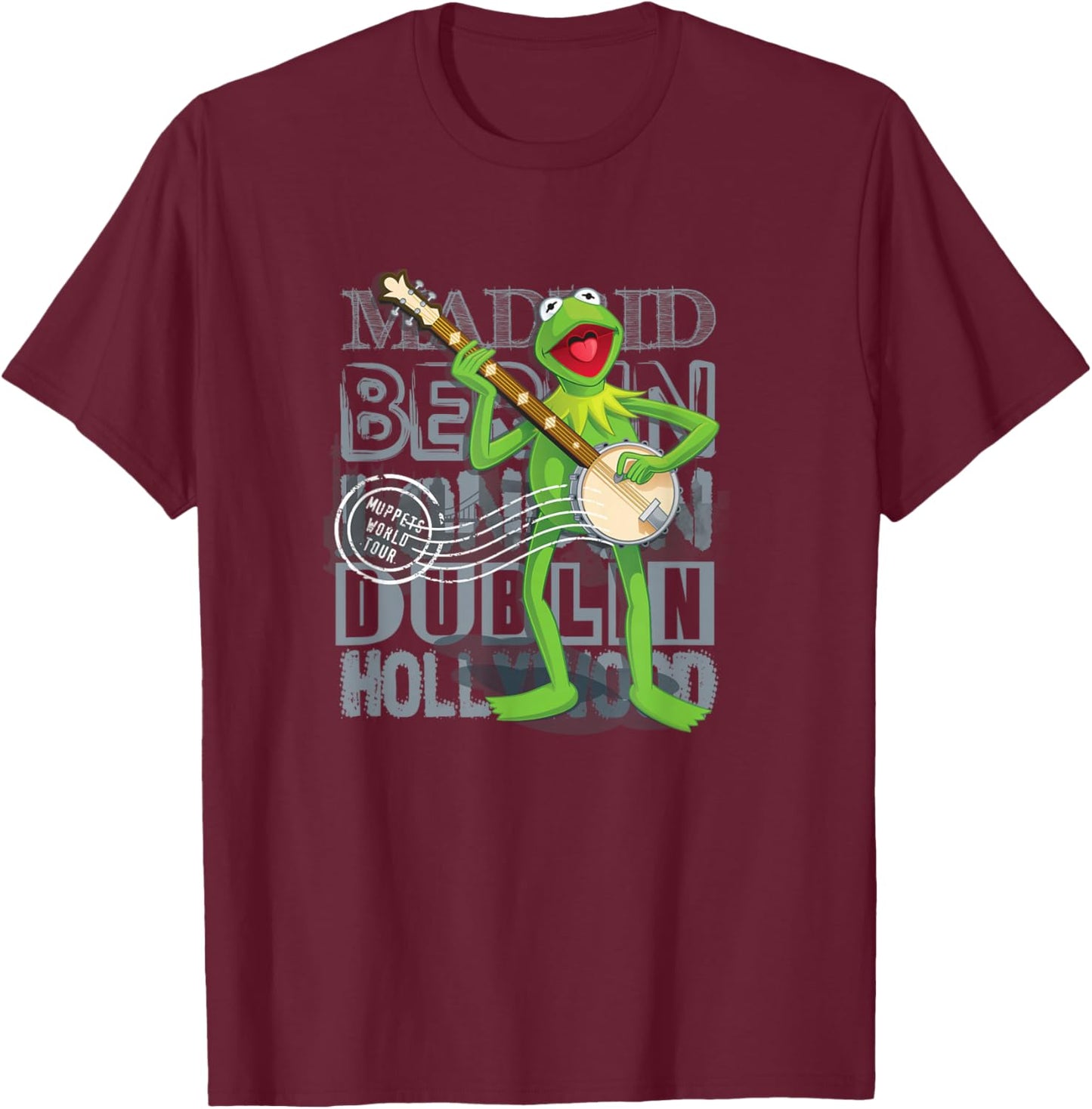 Disney The Muppets Vintage World Tour Kermit Banjo Poster T-Shirt - T-Shirt | Maroon