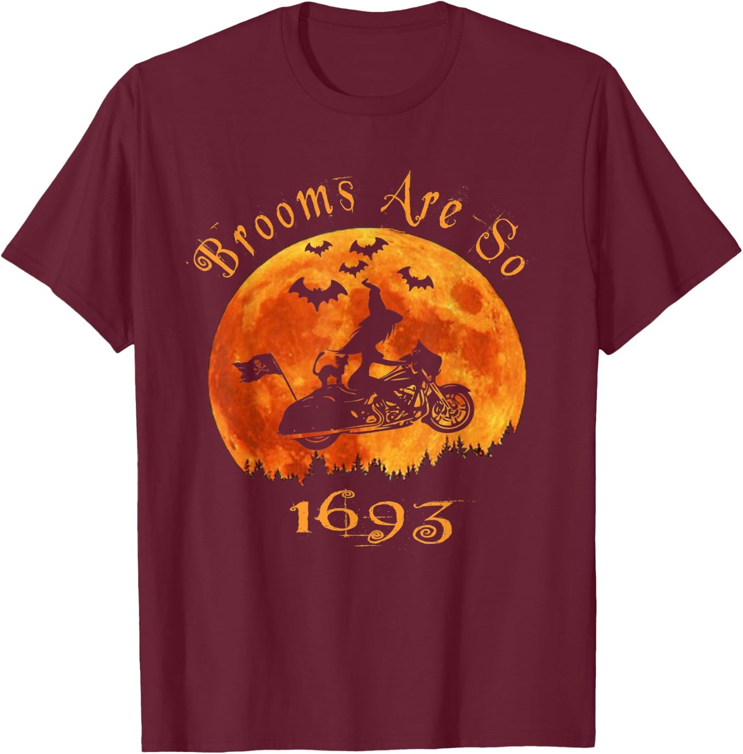 Halloween Witch On Motorcycle Cat & Moon Salem Witch Trials T-Shirt - T-Shirt | Maroon