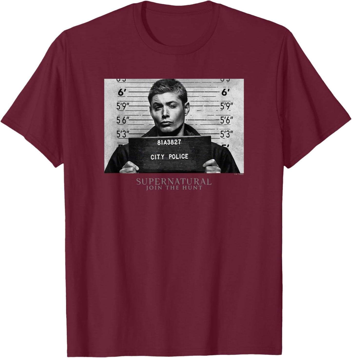 Supernatural Dean Winchester City Police Mugshot Portrait T-Shirt - T-Shirt | Maroon
