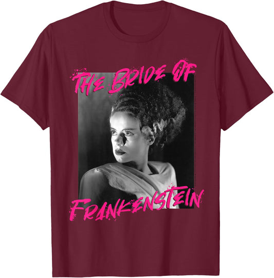 Universal Monsters The Bride Of Frankenstein Paint Splatter T-Shirt - T-Shirt | Maroon