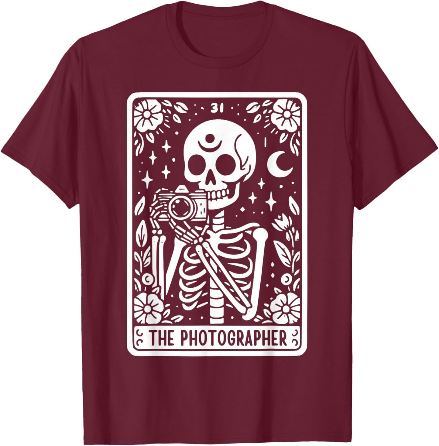 The Photographer Skeleton Tarot Card Photographer Cameraman T-Shirt - T-Shirt | Maroon