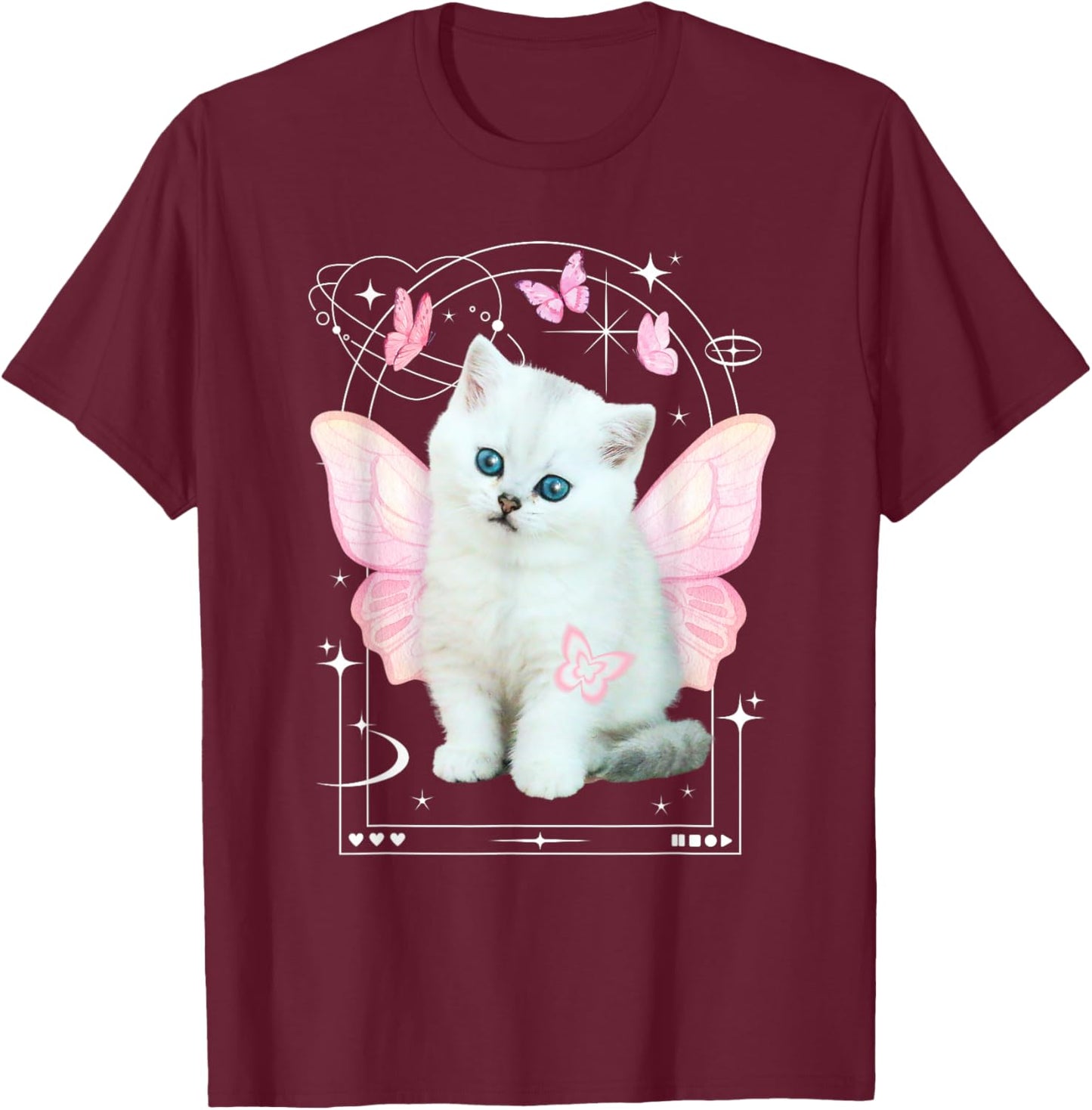 Cute y2k Aesthetic Cat Butterfly Fairy Cyber 2000s Graphic T-Shirt - T-Shirt | Maroon