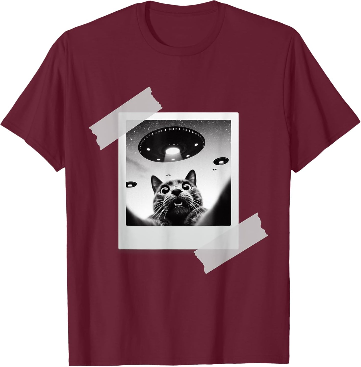 Cat Selfie With Alien UFO Funny Cat Gifts Women Kids T-Shirt - T-Shirt | Maroon