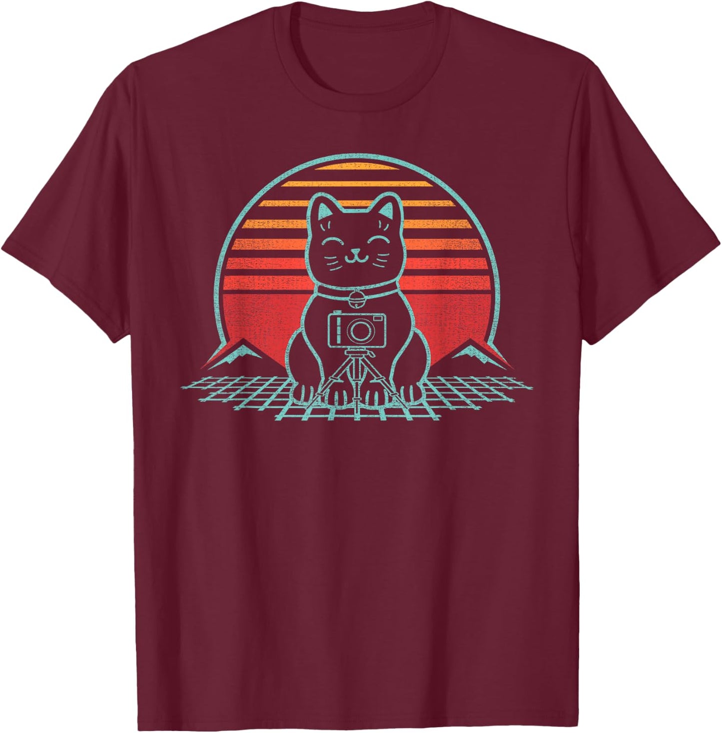 Cat Photographer Camera Photography Retro Vintage 80s Style T-Shirt - T-Shirt | Maroon