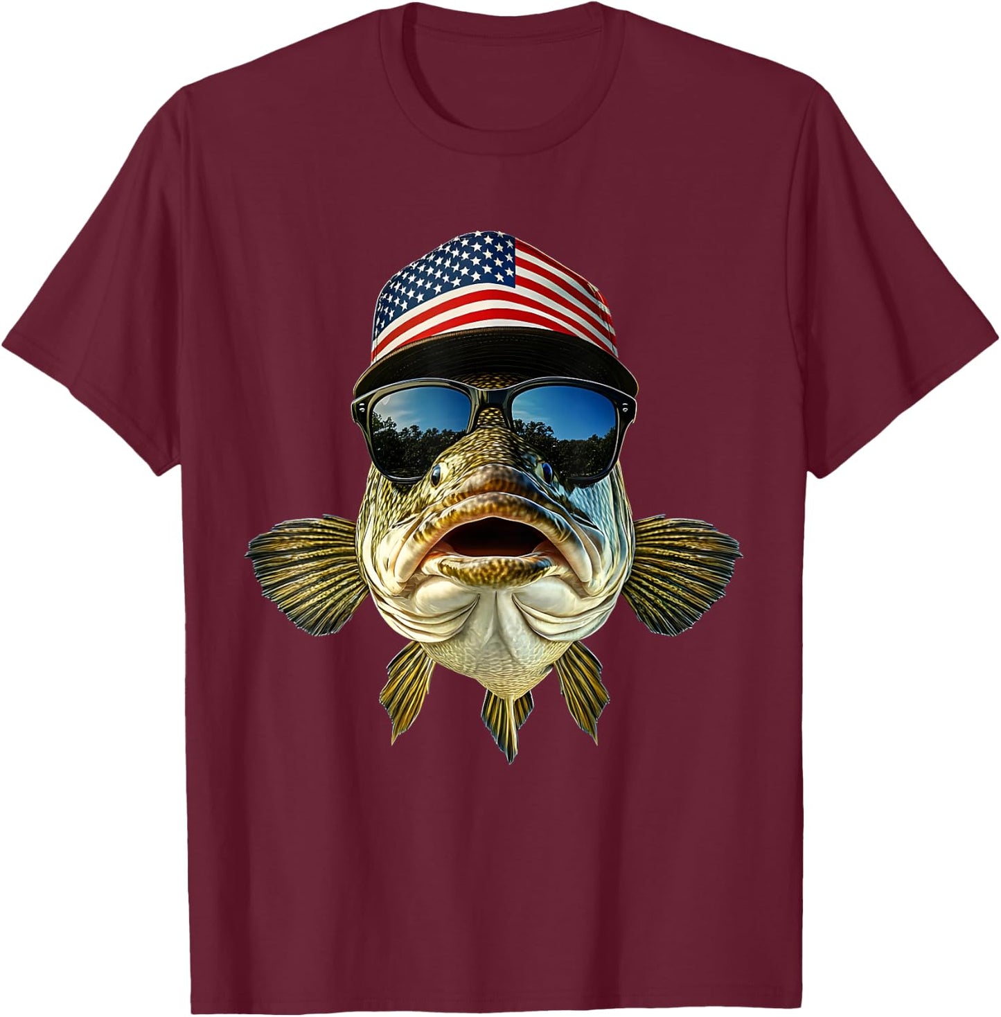 Bass Fishing Outfit USA Flag America Cap and Sunglasses T-Shirt - T-Shirt | Maroon
