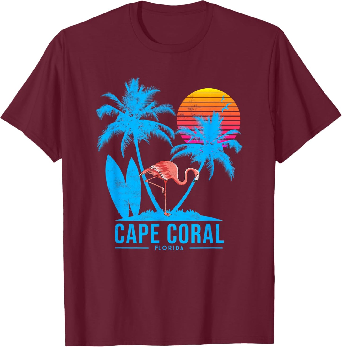 Cape Coral Florida. Flamingo and palm trees tropical sunset T-Shirt - T-Shirt | Maroon