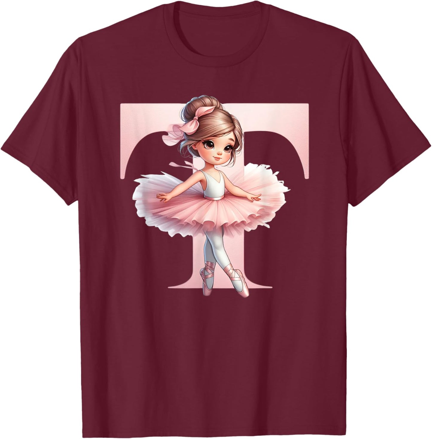 Ballerina Girl Dancing Name First Letter T Girly Tutu Ballet T-Shirt - T-Shirt | Maroon