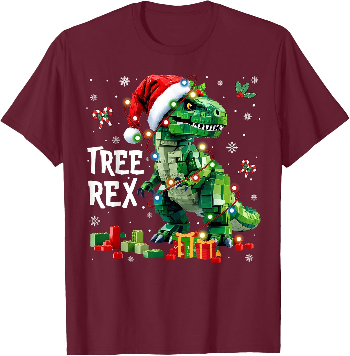 Christmas Builder Block Brick Building Dinosaur Boys T-Shirt - T-Shirt | Maroon