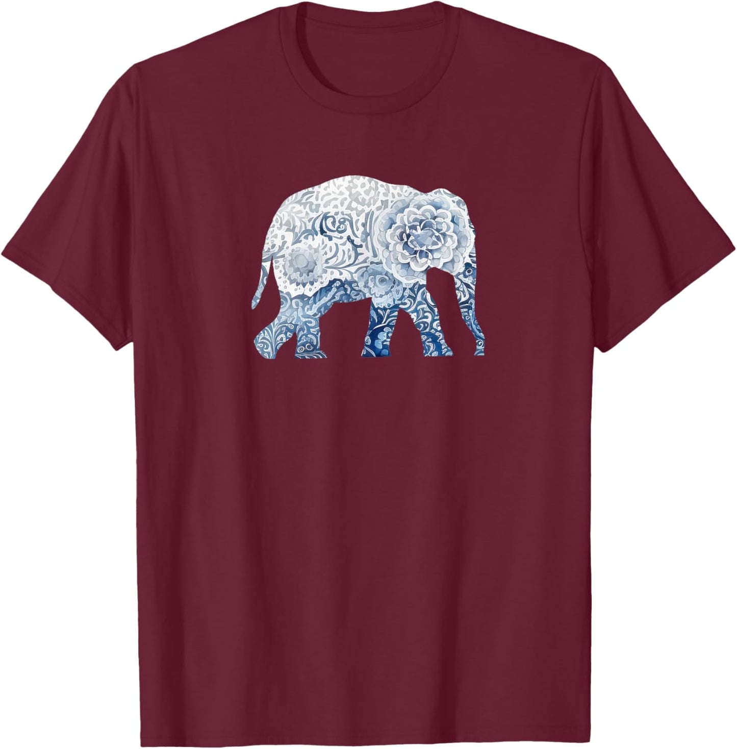 Elephant in the Style of Delft Blue, Blue and White Elephant T-Shirt - T-Shirt | Maroon