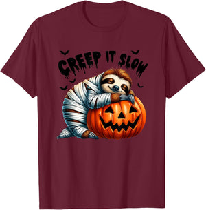 Creep It Slow Cute Sloth Mummy Jack O Lantern Halloween T-Shirt - T-Shirt | Maroon