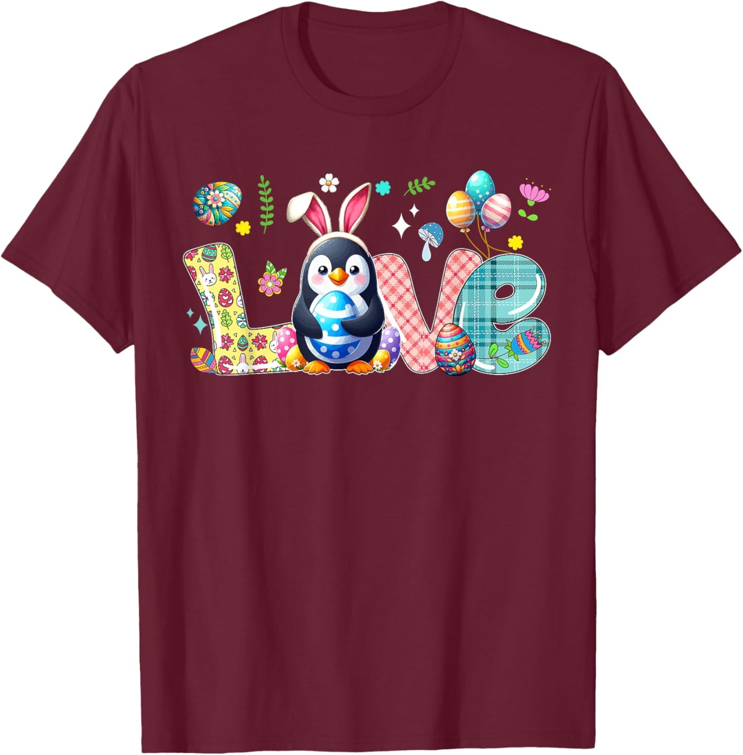 Love Easter Bunny Penguin Hunting Eggs Flowers Colourful T-Shirt - T-Shirt | Maroon