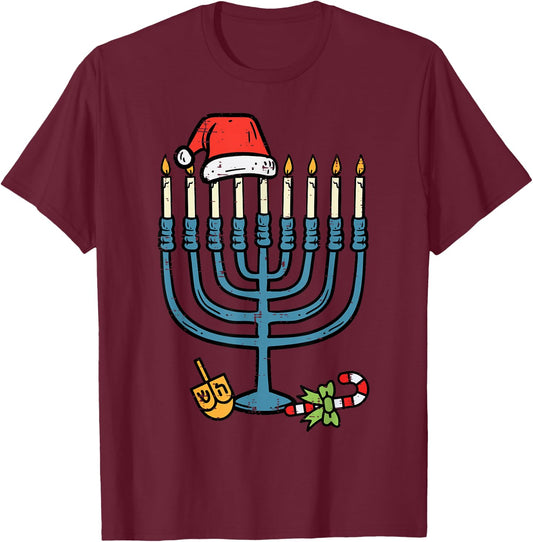 Christmas Hat Menorah Jew Hanukkah Chanukah Men Women Kids T-Shirt - T-Shirt | Maroon