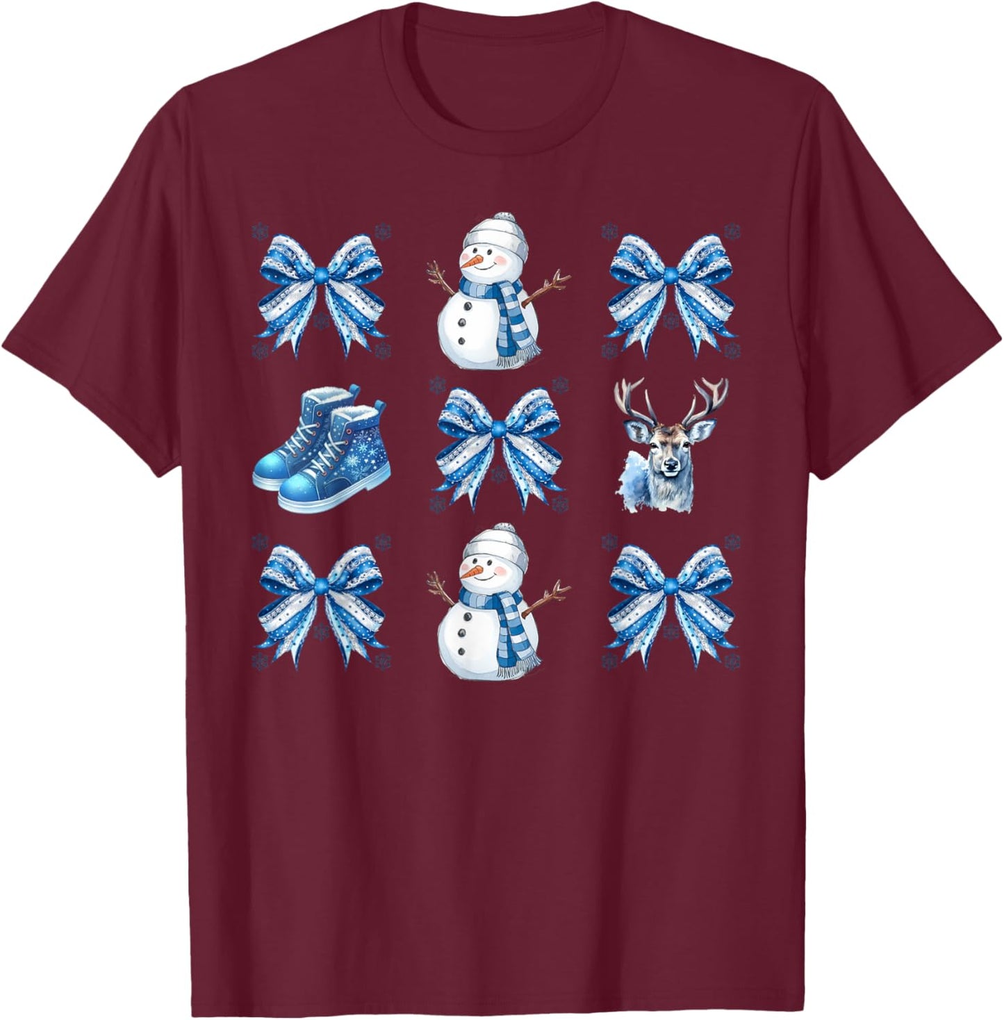 Cute Snowman Coquette Bow Winter Wonderland Icy Blue Xmas T-Shirt - T-Shirt | Maroon