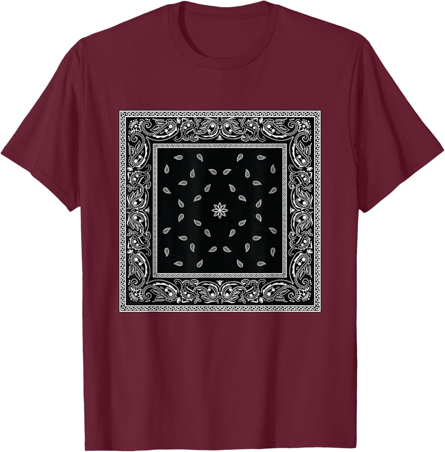 Men's Black White Bandana Print Black Paisley Pattern T-Shirt - T-Shirt | Maroon