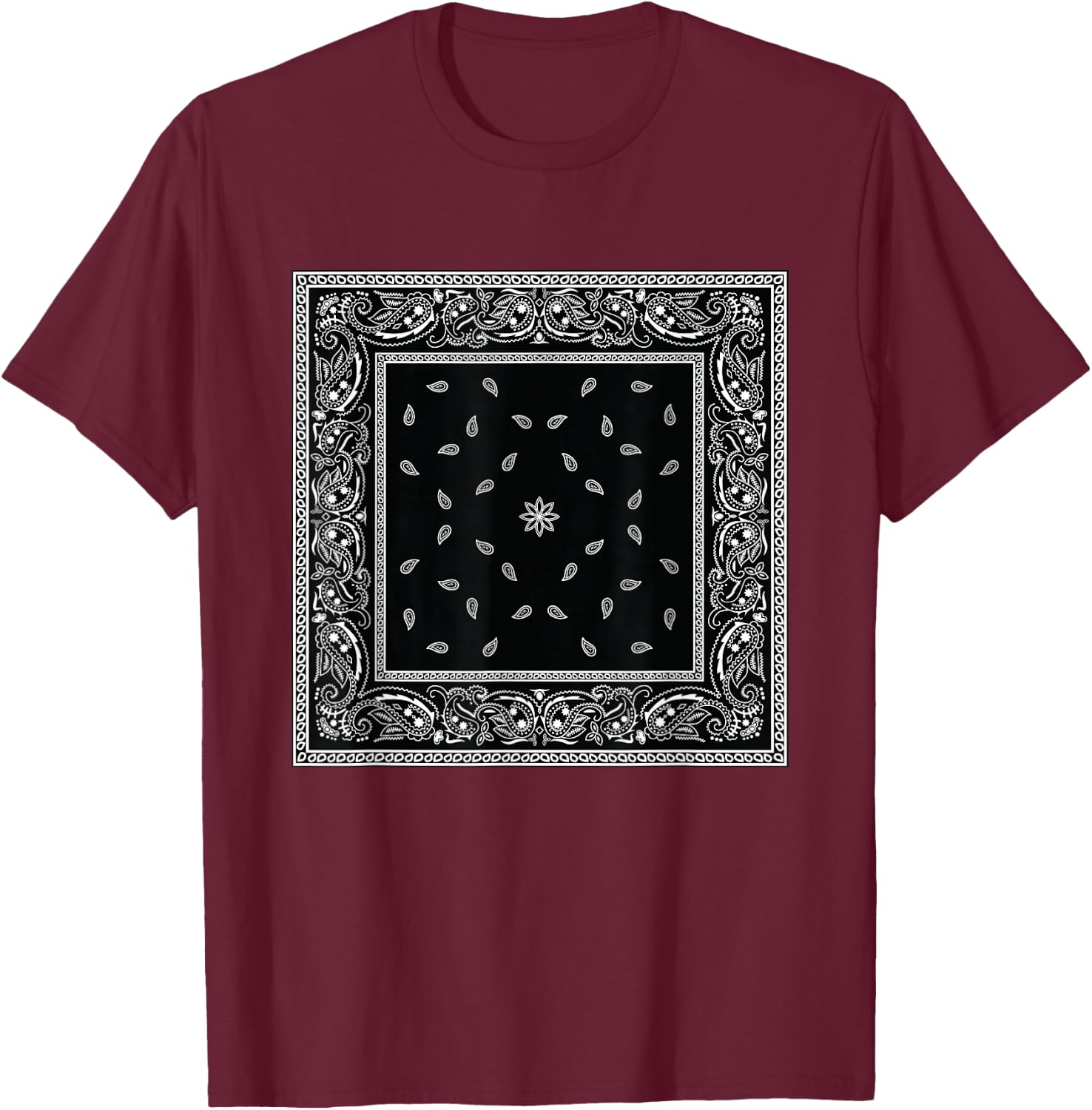 Men's Black White Bandana Print Black Paisley Pattern T-Shirt - T-Shirt | Maroon