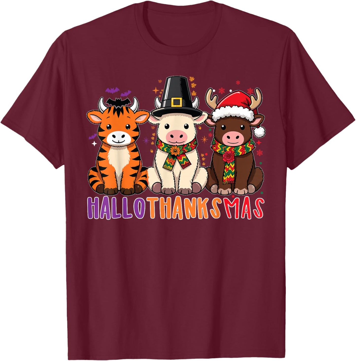 Highland Cow Hallothanksmas Christmas Holiday T-Shirt - T-Shirt | Maroon