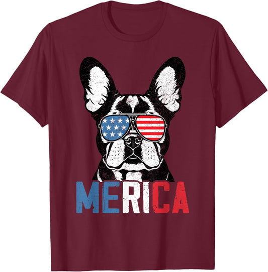 Patriotic French Bulldog Dog Merica 4th Of July Funny T-Shirt - T-Shirt | Maroon