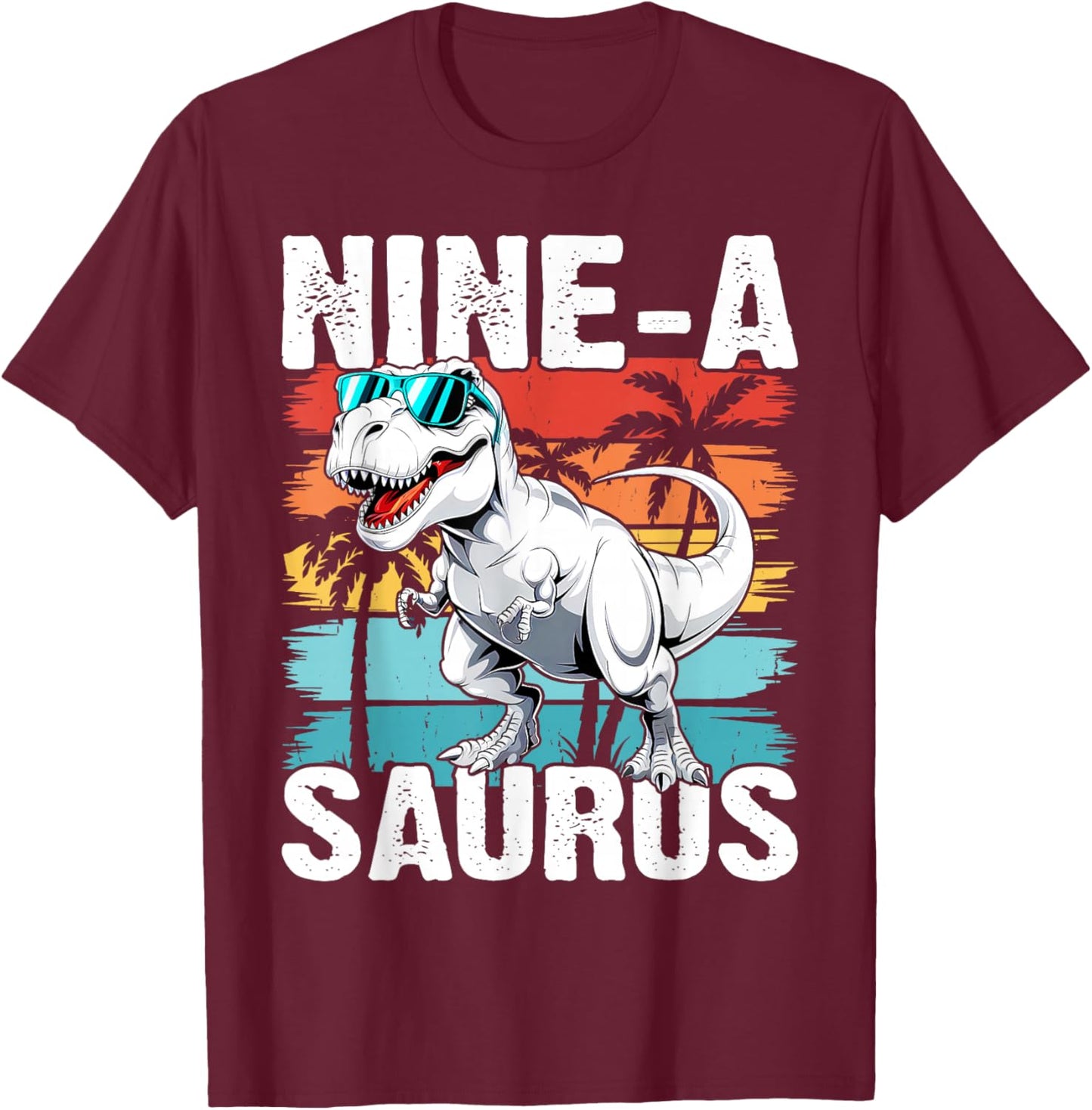 Kids 9 Year Old Dinosaur Birthday 9th T Rex Dino Nine Saurus T-Shirt - T-Shirt | Maroon