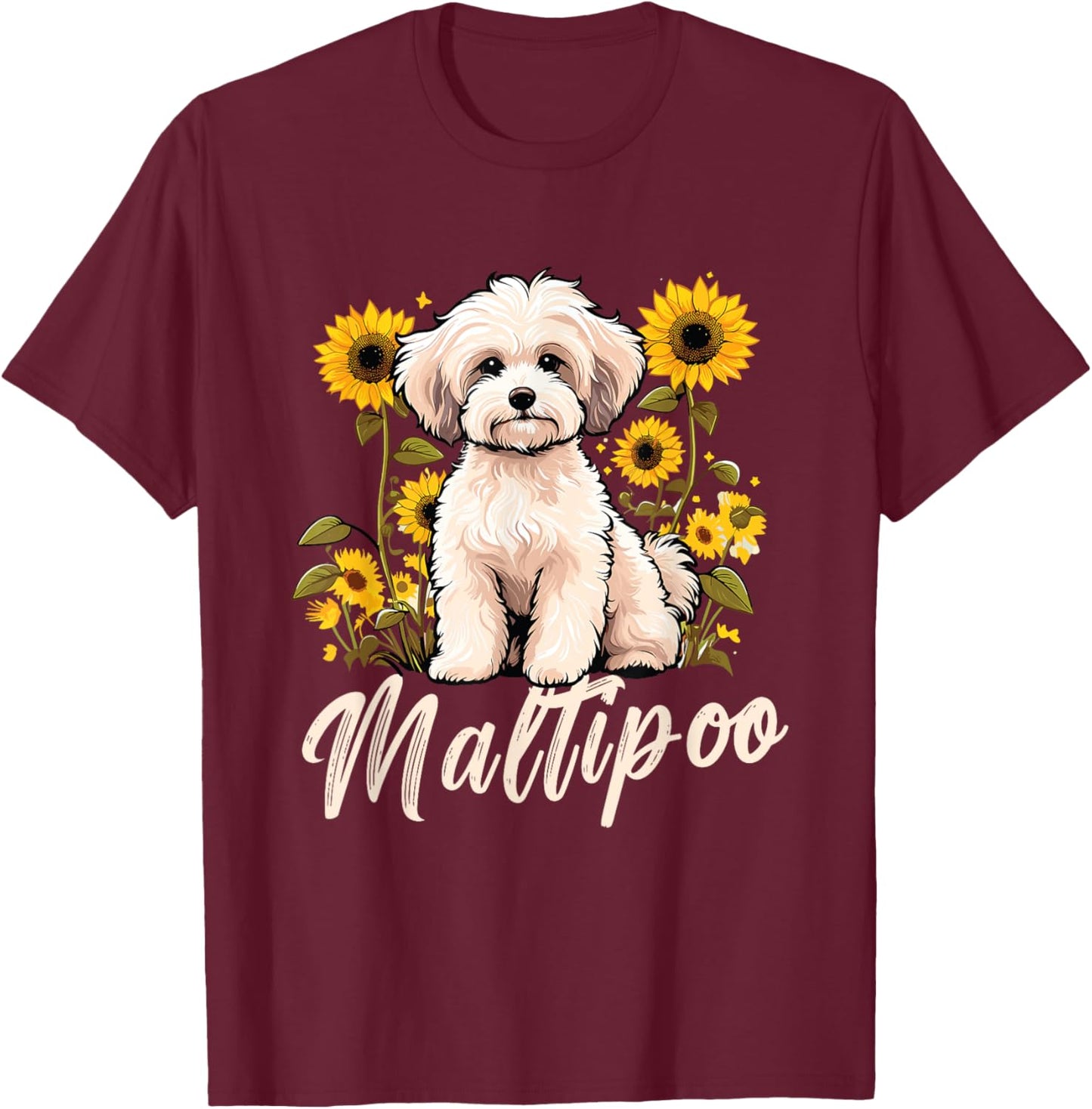 Maltipoo Sunflowers | Dog Puppy Lover | Maltese Poodle Owner T-Shirt - T-Shirt | Maroon