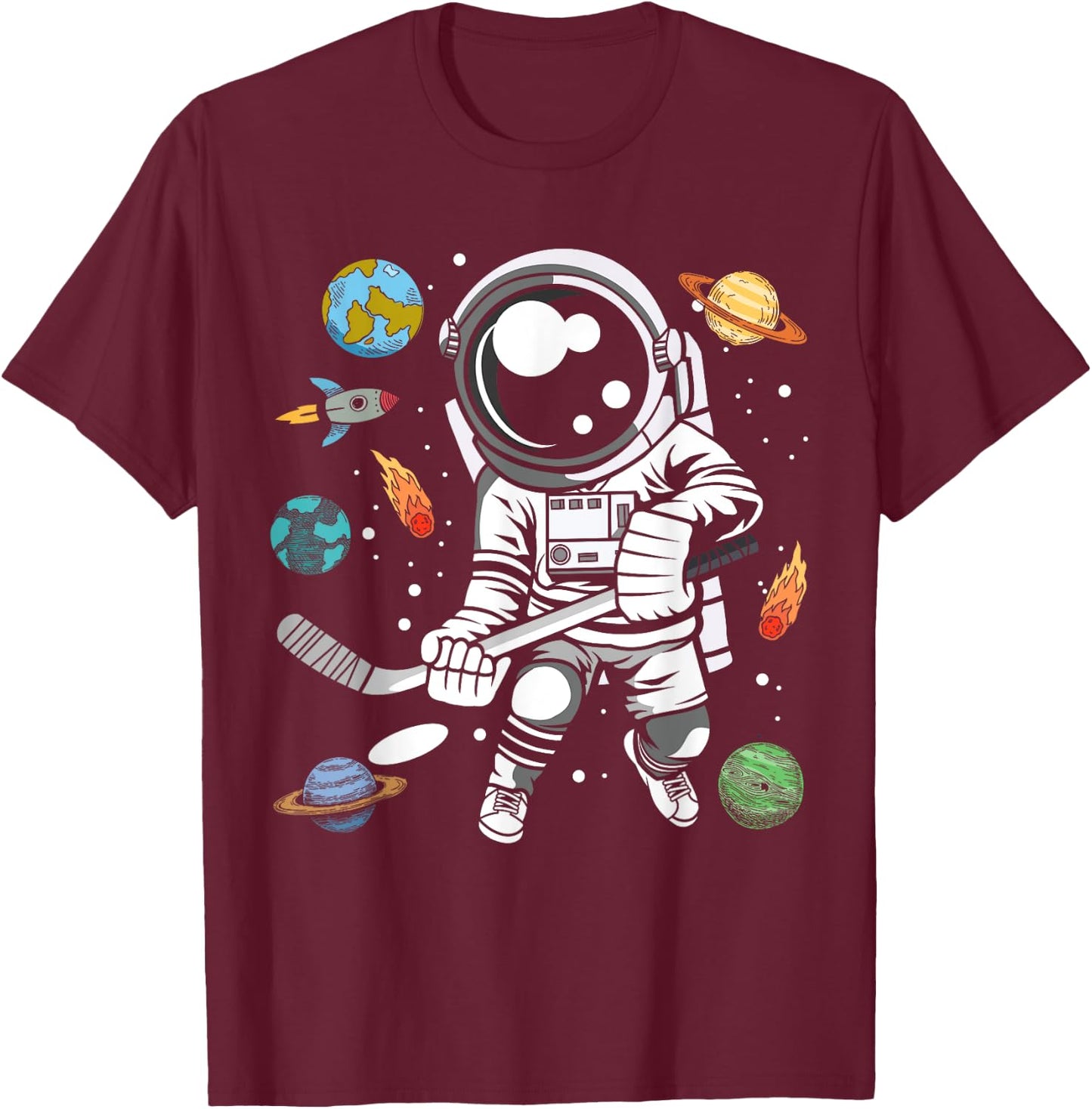 Funny Hockey Player Cosmonaut Outer Space Astronaut T-Shirt - T-Shirt | Maroon