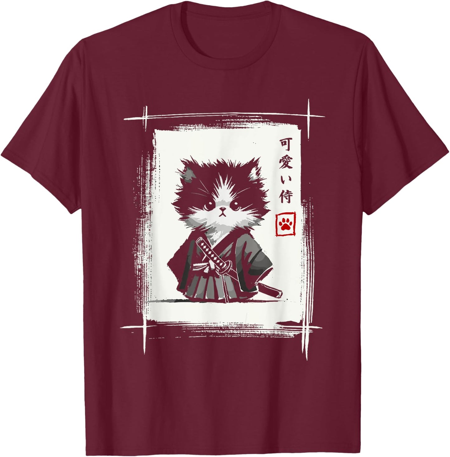 Samurai Cat Japanese Art Sumi-e Novelty Kawaii Funny Cat T-Shirt - T-Shirt | Maroon