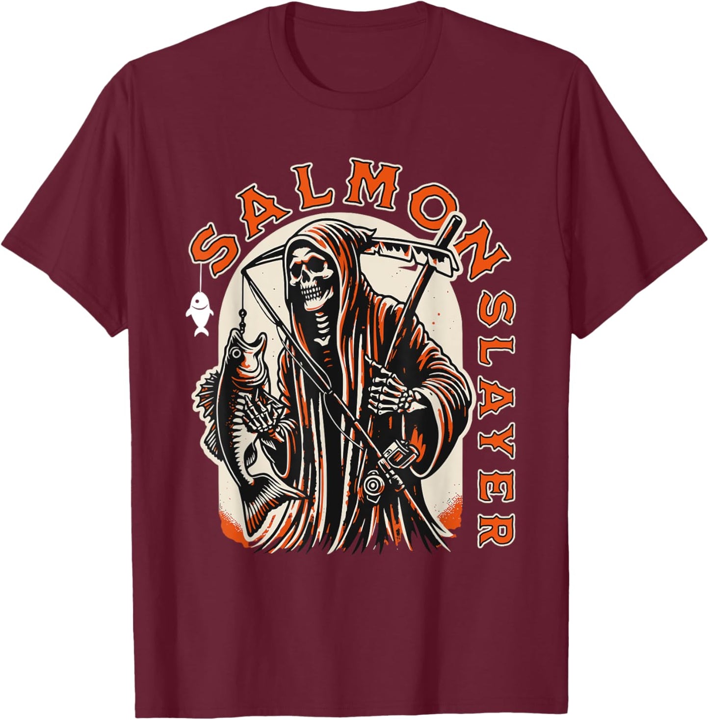 Salmon Slayer Funny skeleton Fishing Salmon Fish T-Shirt - T-Shirt | Maroon