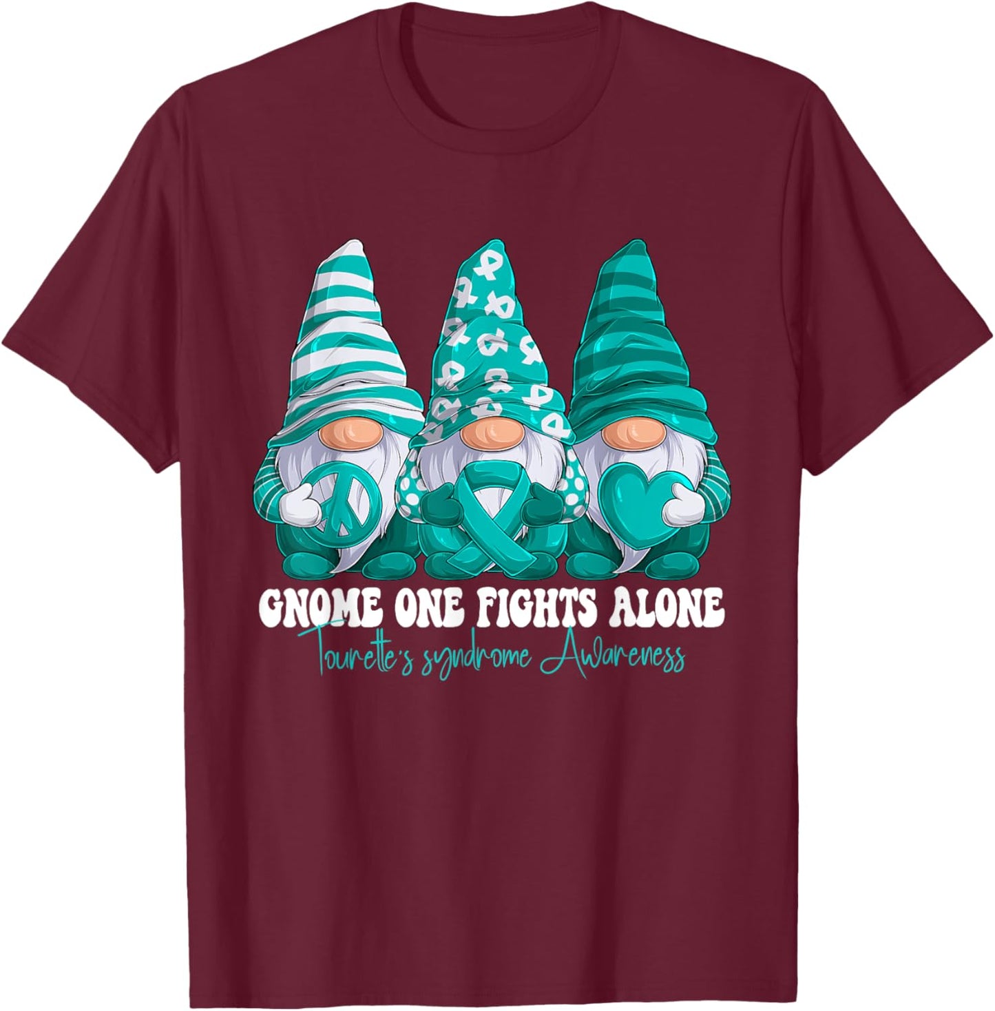 Tourette's Syndrome Awareness Month Teal Ribbon Gnomies T-Shirt - T-Shirt | Maroon