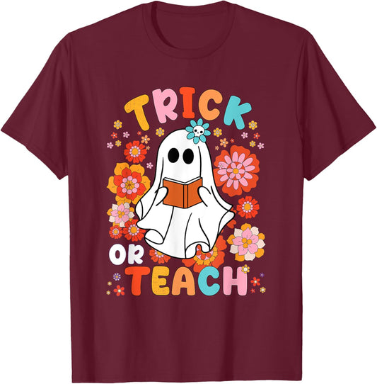 Groovy Halloween Trick or Teach Retro Floral Ghost Teacher Women Kids T-Shirt - T-Shirt | Maroon