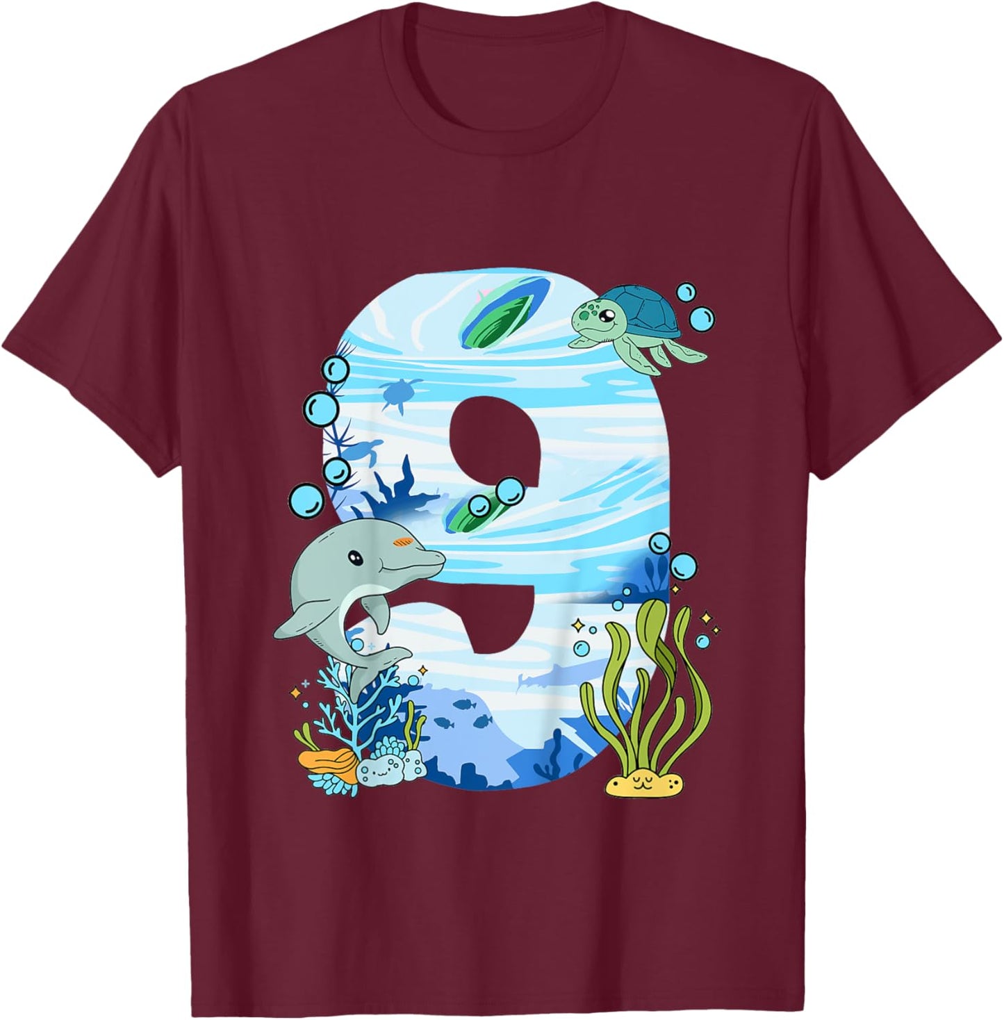 Underwater 9 Years Old - Dolphin And Turtle 9th Birthday T-Shirt - T-Shirt | Maroon