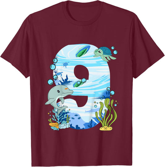 Underwater 9 Years Old - Dolphin And Turtle 9th Birthday T-Shirt - T-Shirt | Maroon