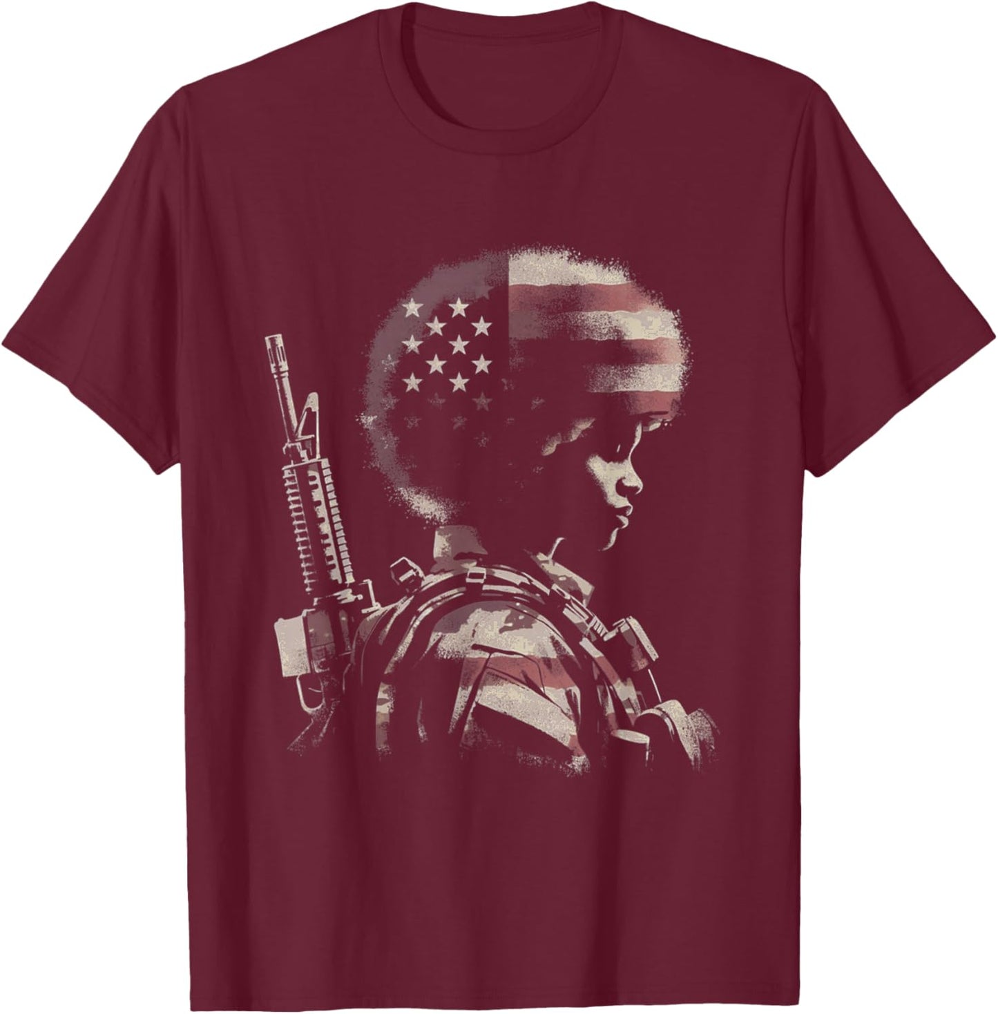Female Soldier American Flag - Patriotic USA Afro Veteran T-Shirt - T-Shirt | Maroon