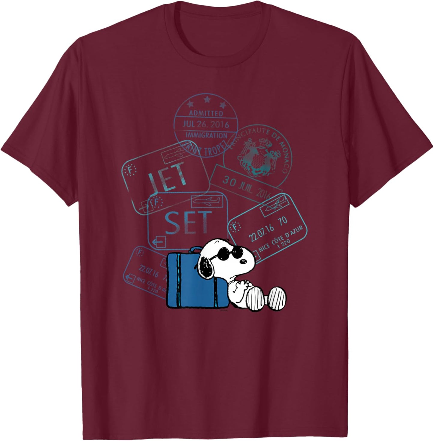 Peanuts - Snoopy Travel Stamps T-Shirt - T-Shirt | Maroon