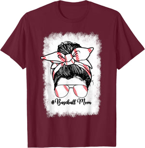 Baseball Mom Mama Messy Bun Baseball Player Son T-Shirt - T-Shirt | Maroon
