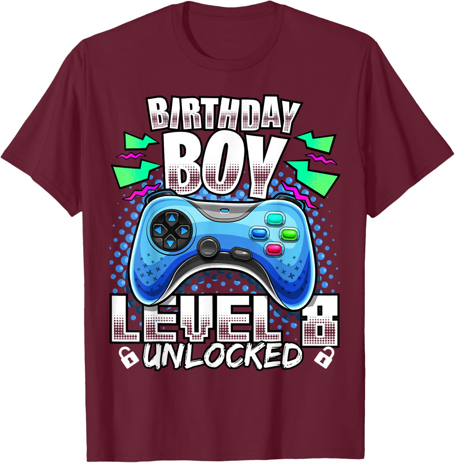 Level 8 Unlocked Video Game 8th Birthday Gamer Gift Boys T-Shirt - T-Shirt | Maroon