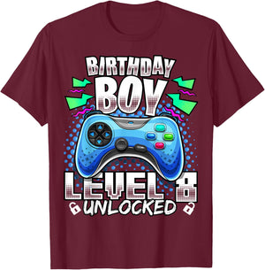 Level 8 Unlocked Video Game 8th Birthday Gamer Gift Boys T-Shirt - T-Shirt | Maroon