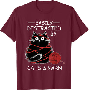 Easily Distracted By Cats And Yarn Kitten Lover Crochet T-Shirt - T-Shirt | Maroon