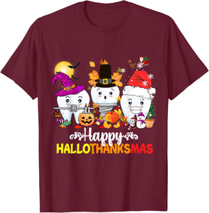 Dental Halloween Thanksgiving Christmas Happy HalloThanksmas T-Shirt - T-Shirt | Maroon