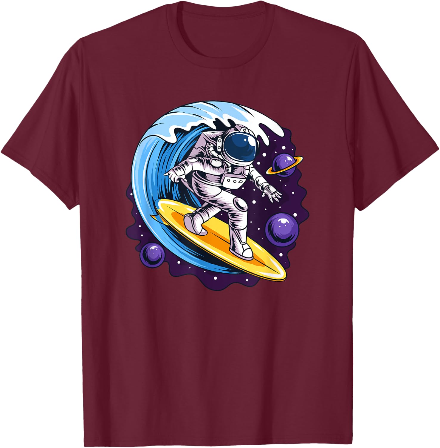 Astronauts Surf On A Surfboard In Space With Stars Planets T-Shirt - T-Shirt | Maroon