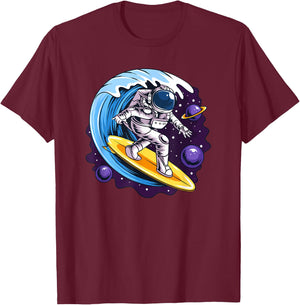Astronauts Surf On A Surfboard In Space With Stars Planets T-Shirt - T-Shirt | Maroon
