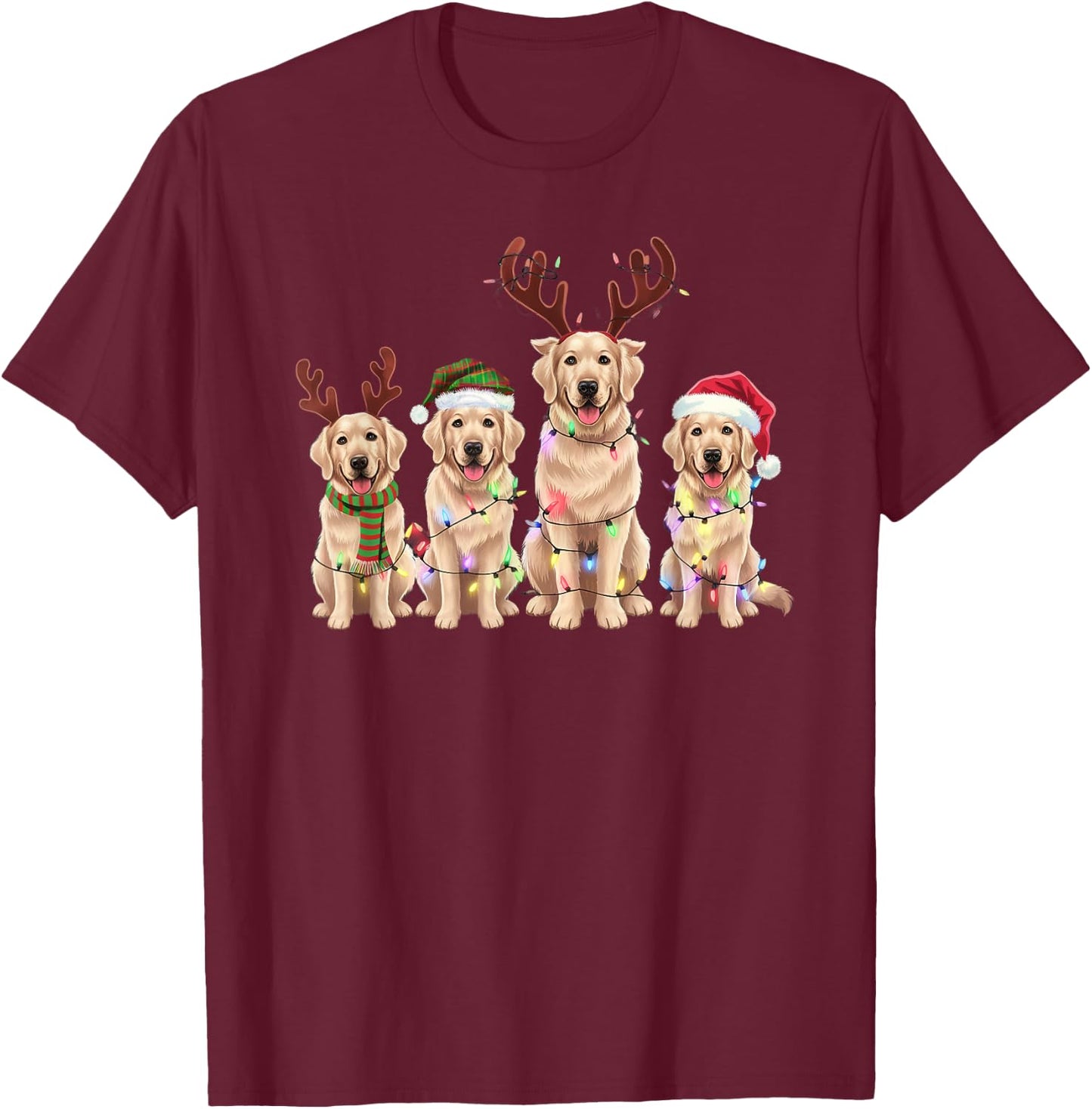 Threadrock -Adults Golden Retrievers Christmas Lights Reindeer Antlers Holiday - Black, Small, Short Sleeve T-Shirt - T-Shirt | Maroon