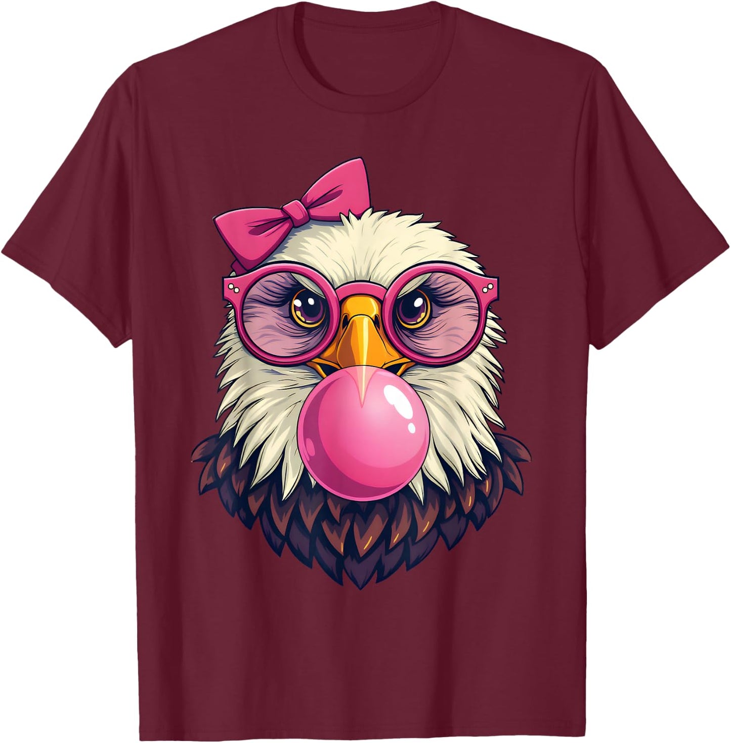 Cute Girl Bald Eagle Glasses Pink Bow Bubble Gum Eagle Lover T-Shirt - T-Shirt | Maroon